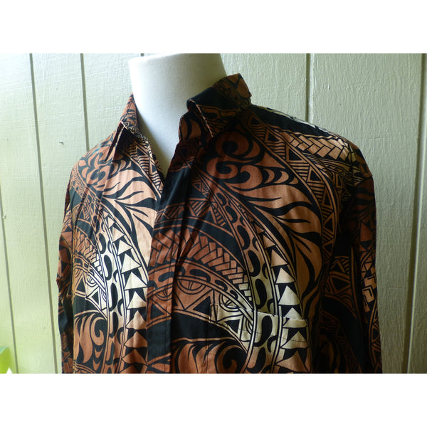 Long Sleeve Hawaiian Shirt in Ombre Tapa Print