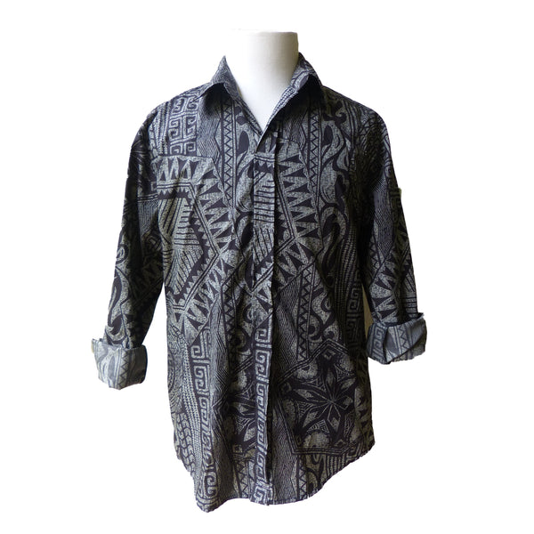 Hawaiian Shirt in Grey Tapa Print | Long Sleeve Dress Shirt