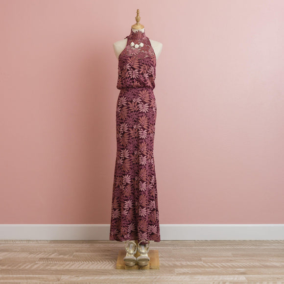 Floral Lace Halter Neck Dark Red Mermaids Dress - Muumuu Outlet