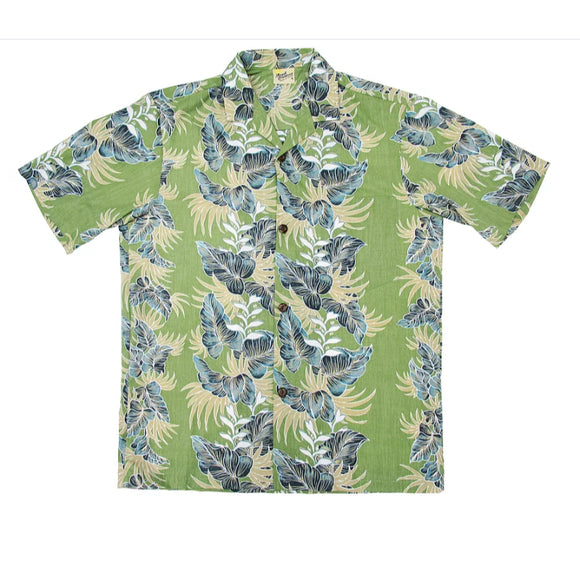 Leafy Panel Print Work Hawaiian Shirt | Blue, Green - Muumuu Outlet