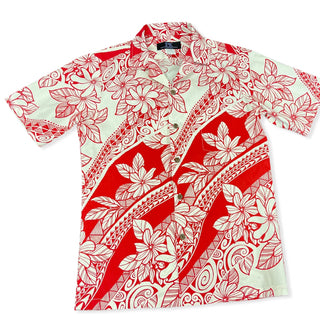 Polynesian Print with Flower Hawaiian Shirt | Red and Blue