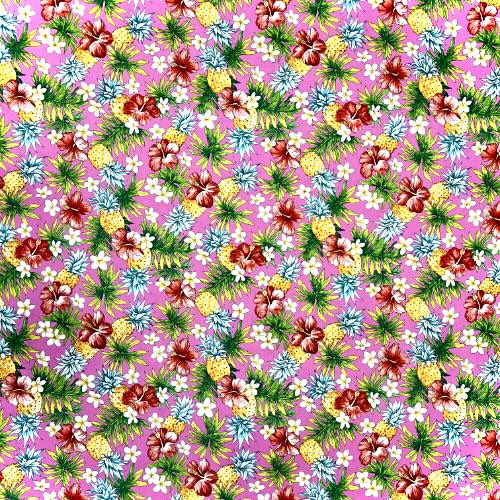 Cute Pineapple, Plumeria, and Hibiscus Print Fabric | Pink