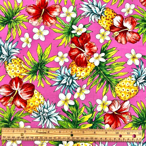 Cute Pineapple, Plumeria, and Hibiscus Print Fabric | Pink