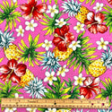 Cute Pineapple, Plumeria, and Hibiscus Print Fabric | Pink 0223 RED-0001C