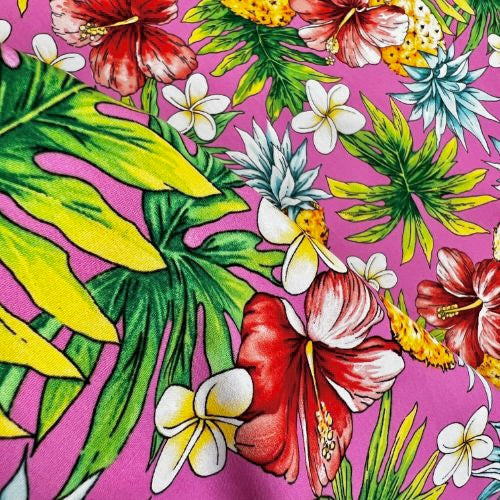 Cute Pineapple, Plumeria, and Hibiscus Print Fabric | Pink