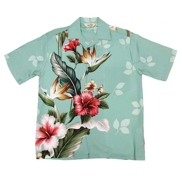 Point Floral Print Hibiscus Flower Aloha Shirt | Green - Muumuu Outlet