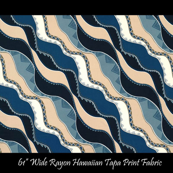Modern Hawaiian Tribal Print Rayon Fabric | Blue and Black Wave Design BLU-0003RP