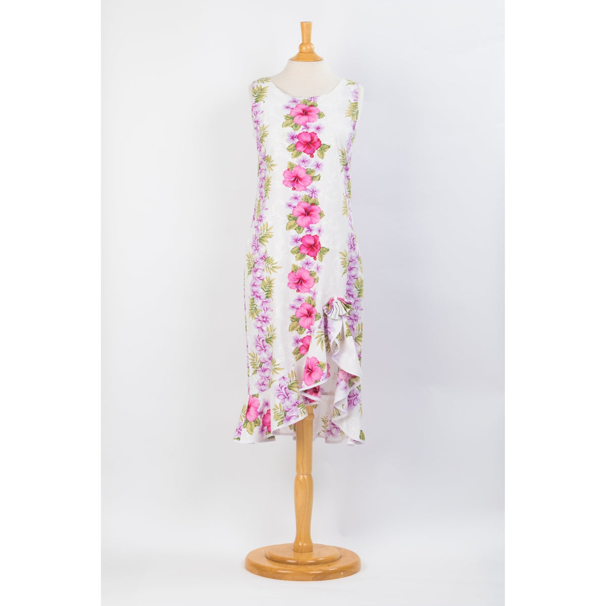 White Cotton Sleeveless Mid-length Pink Hibiscus Panel Ribbon Dress