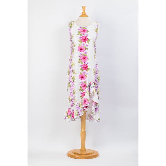 White Cotton Sleeveless Mid-length Pink Hibiscus Panel Ribbon Dress