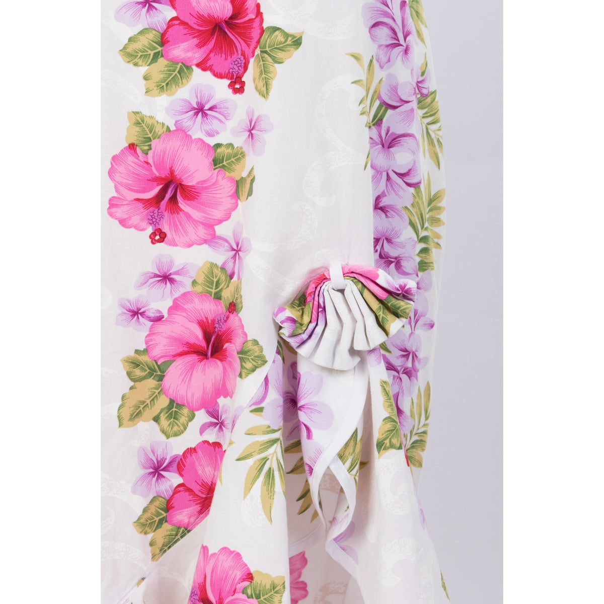 White Cotton Sleeveless Mid-length Pink Hibiscus Panel Ribbon Dress