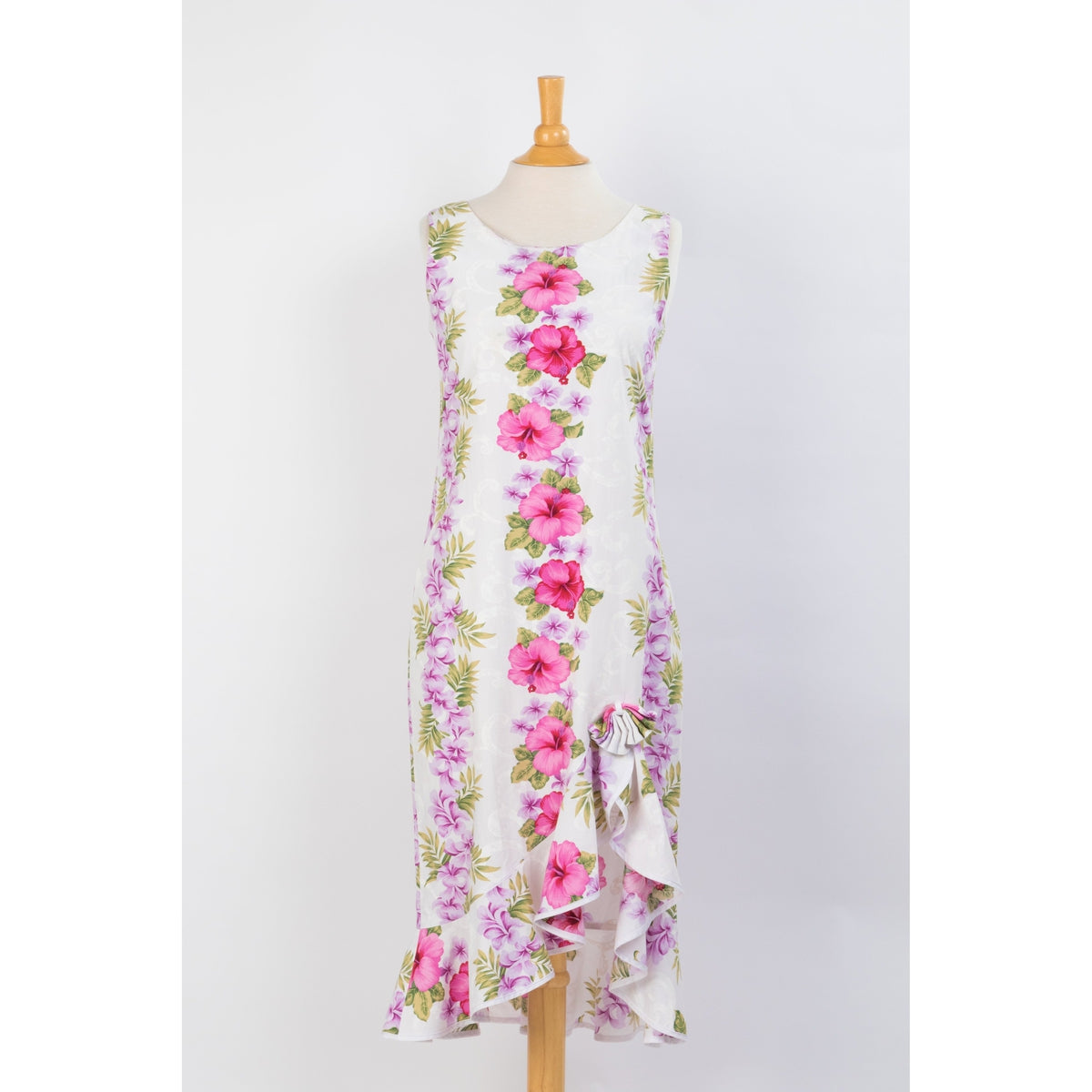 White Cotton Sleeveless Mid-length Pink Hibiscus Panel Ribbon Dress