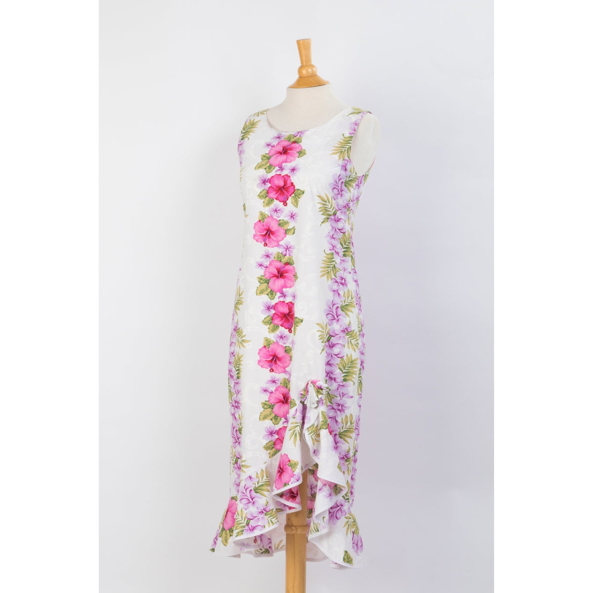 White Cotton Sleeveless Mid-length Pink Hibiscus Panel Ribbon Dress