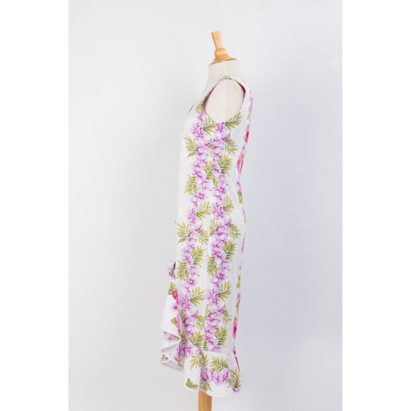 White Cotton Sleeveless Mid-length Pink Hibiscus Panel Ribbon Dress