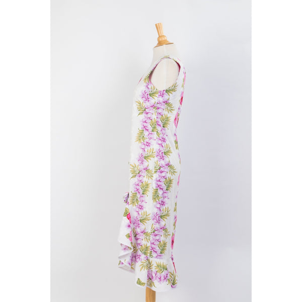 White Cotton Sleeveless Mid-length Pink Hibiscus Panel Ribbon Dress
