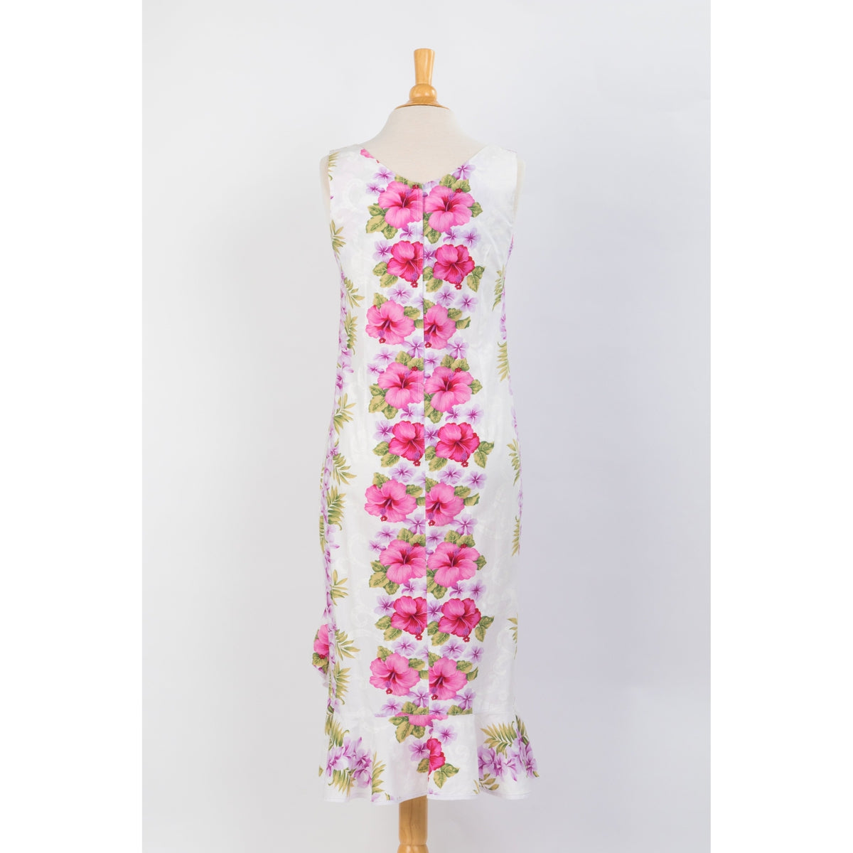 White Cotton Sleeveless Mid-length Pink Hibiscus Panel Ribbon Dress