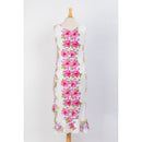 White Cotton Sleeveless Mid-length Pink Hibiscus Panel Ribbon Dress-9