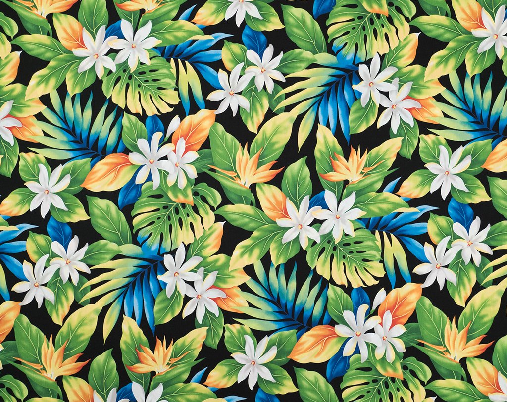 Hawaiian Tiare Flower and Monstera Leaf Black Fabric | Muumuu Mall by ...