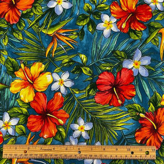 Yellow & Orange Hibiscus & Plumeria and Palm Hawaiian Fabric | Blue 0223 BLU-0026C