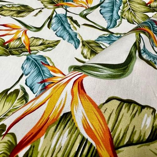 Birds of paradise & Palm Palapalai Hawaiian Fabric 1 | Beige Off White