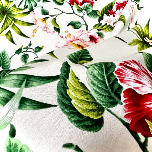 Hibiscus & Plumeria Hawaiian Fabric | White