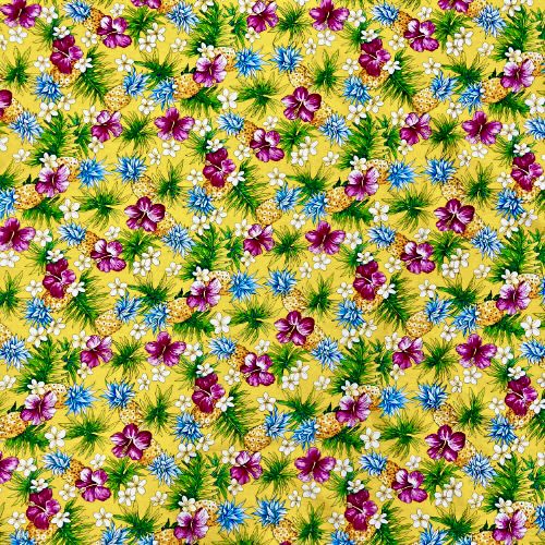 Hibiscus, Pineapple & Plumeria Hawaiian Fabric | Yellow 0223