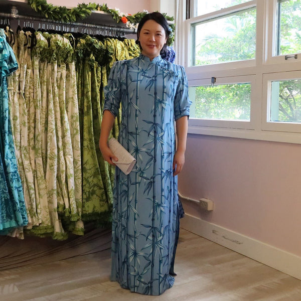 Chinese Style Blue Bamboo Dress | Mandarin collar - Muumuu Outlet