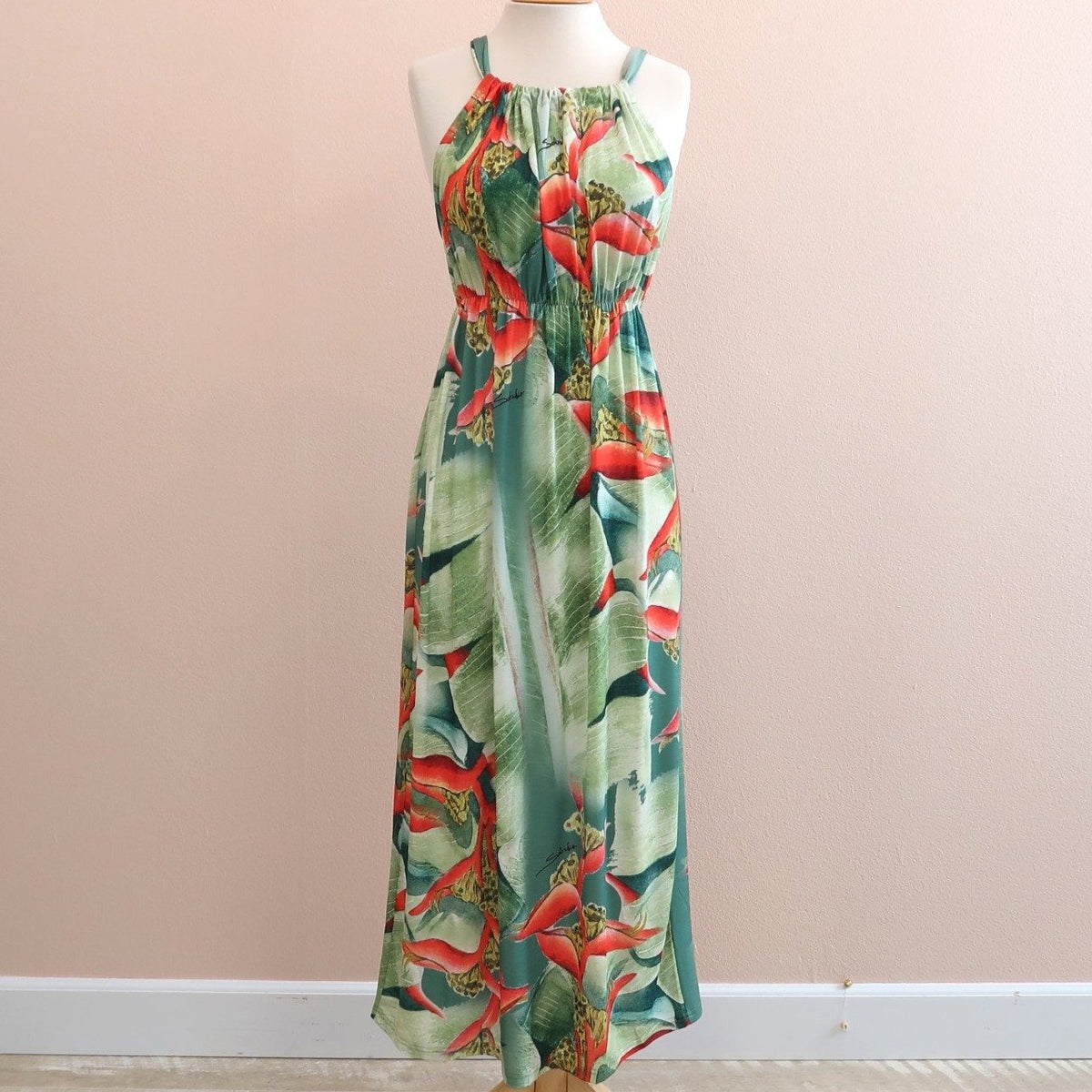 Sabado Design Halter Design Dress, Red Heliconia on Green - Muumuu Outlet