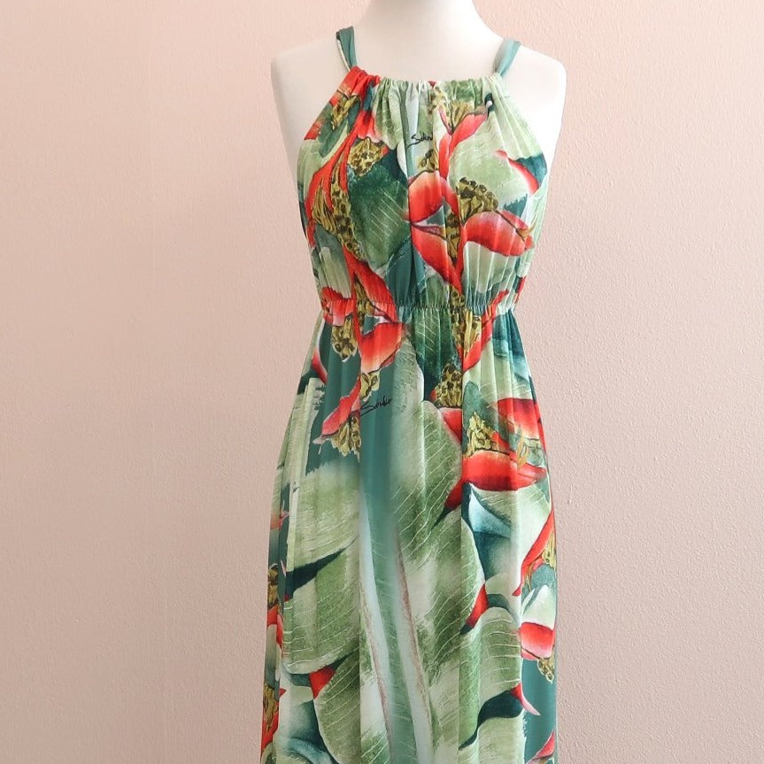 Sabado Design Halter Design Dress, Red Heliconia on Green - Muumuu Outlet