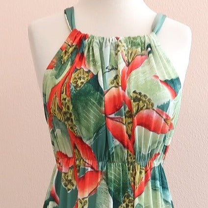 Sabado Design Halter Design Dress, Red Heliconia on Green - Muumuu Outlet