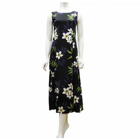 Long Flare Sleeveless Plumeria Print Dress  Black
