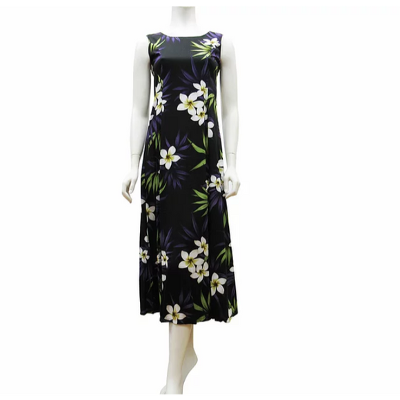 Long Flare Sleeveless Plumeria Print Dress  Black