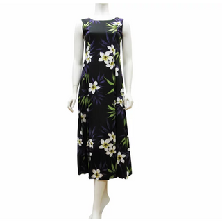 Long Flare Sleeveless Plumeria Print Dress | Black - Muumuu Outlet