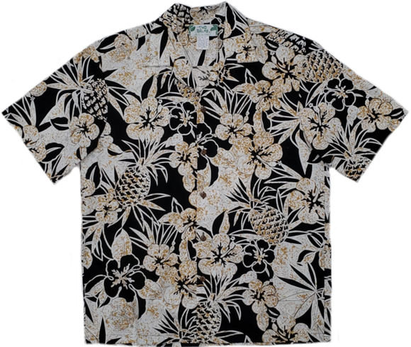 Black Hawaiian Aloha Shirt with Pineapple and Hibiscus Print