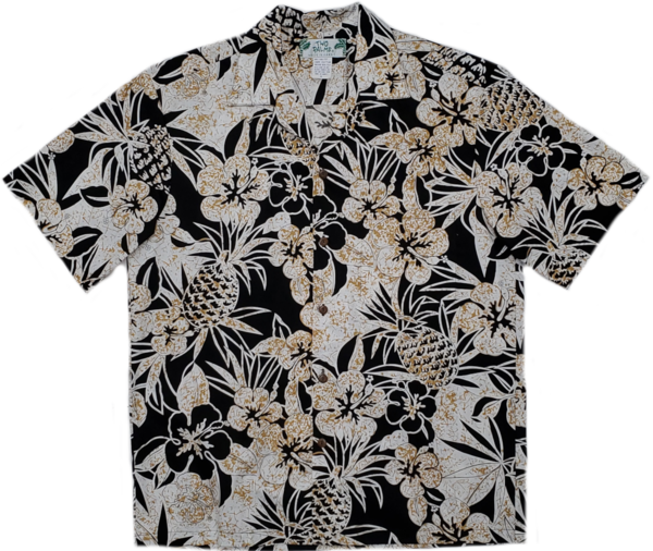 Black Hawaiian Aloha Shirt with Pineapple and Hibiscus Print
