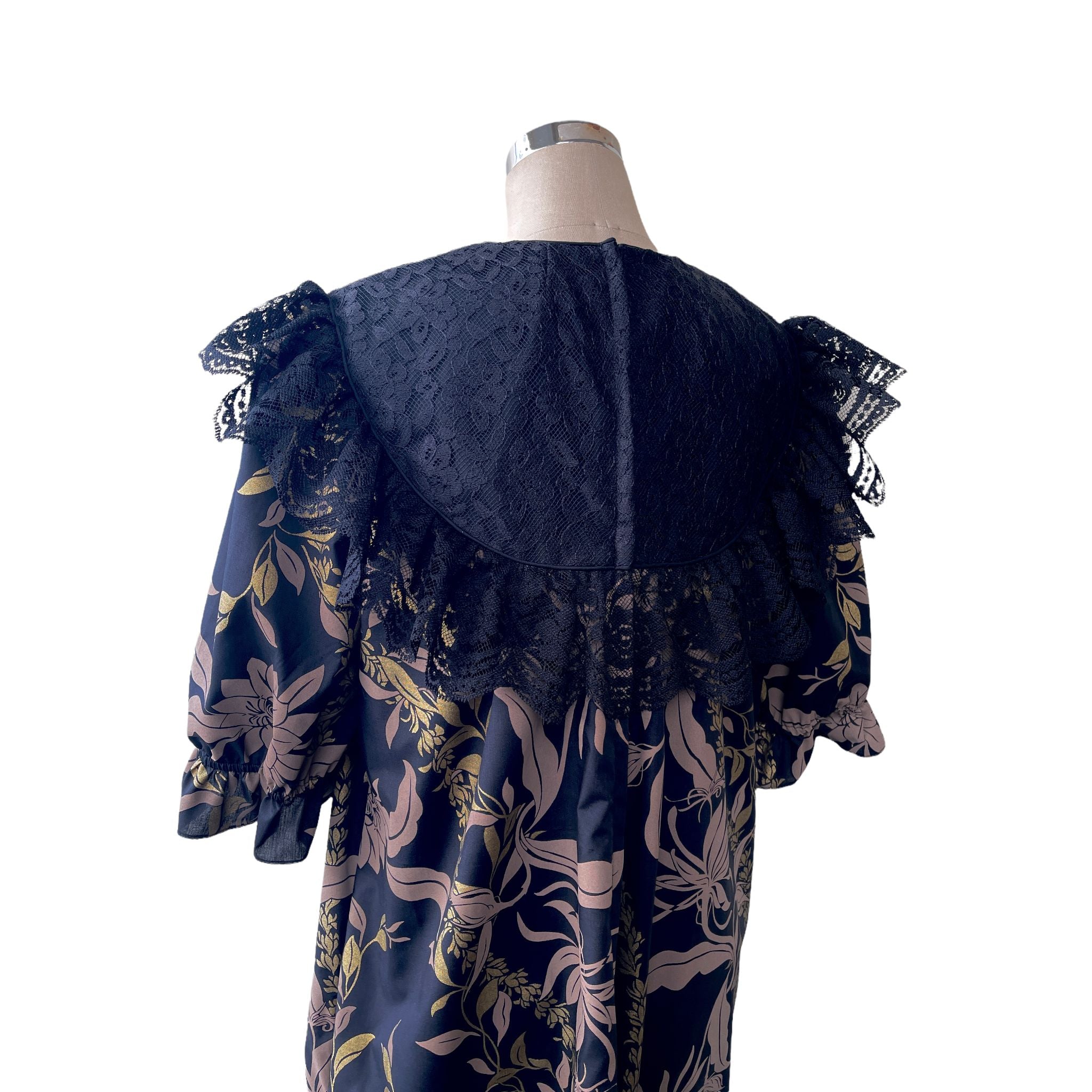 Traditional Hawaiian Black Muumuu  with Gold Leaf Print 464