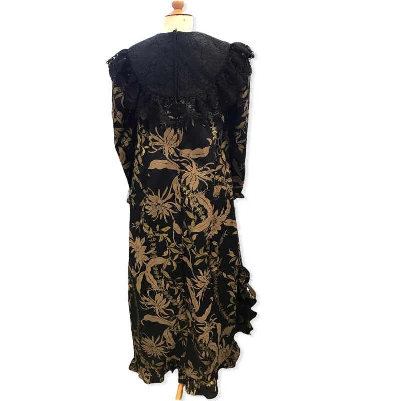 Hawaiian Muumuu Dress with Black Lace, Gold Lei Print 464 - 0