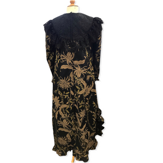 Hawaiian Muumuu Dress with Black Lace, Gold Lei Print