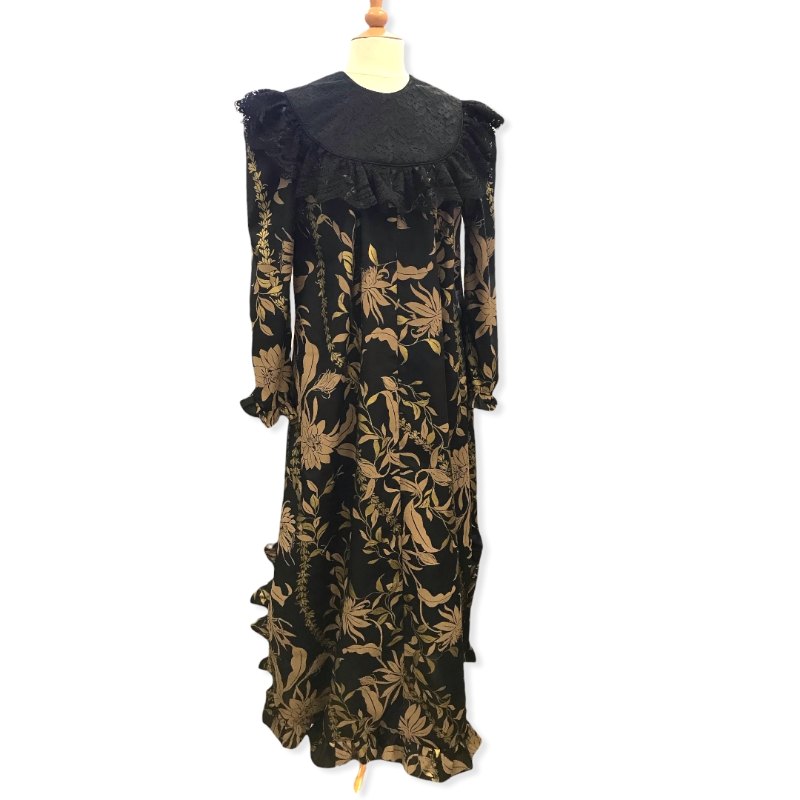 Hawaiian Muumuu Dress with Black Lace, Gold Lei Print 464