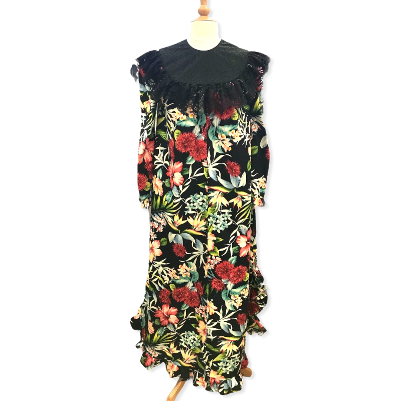 Red Ohia Flower Black Traditional Long Sleeve Muumuu Dress 464