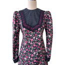 Pink Roses Black Lace Trim Vintage Style Long Sleeve Dress　6761/750-1
