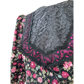 Pink Roses Black Lace Trim Vintage Style Long Sleeve Dress　6761/750 - 0