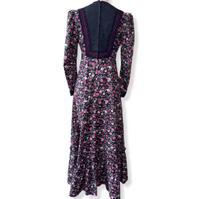 Pink Roses Black Lace Trim Vintage Style Long Sleeve Dress　6761/750