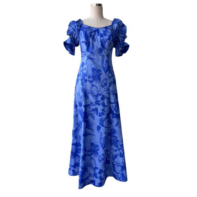 Hawaiian Muumuu Blue Dress with Half Sleeve in Hibiscus Print | Blue 2866