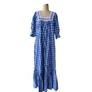 Hawaiian Blue Palaka Muumuu With White Lace Trim 8891-1