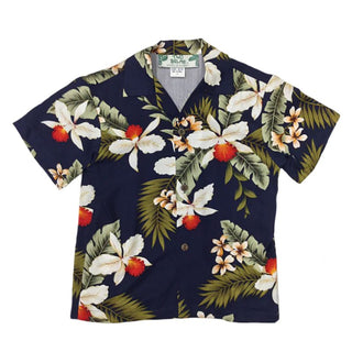 White Orchid Print Navy Hawaiian Shirt for Boys