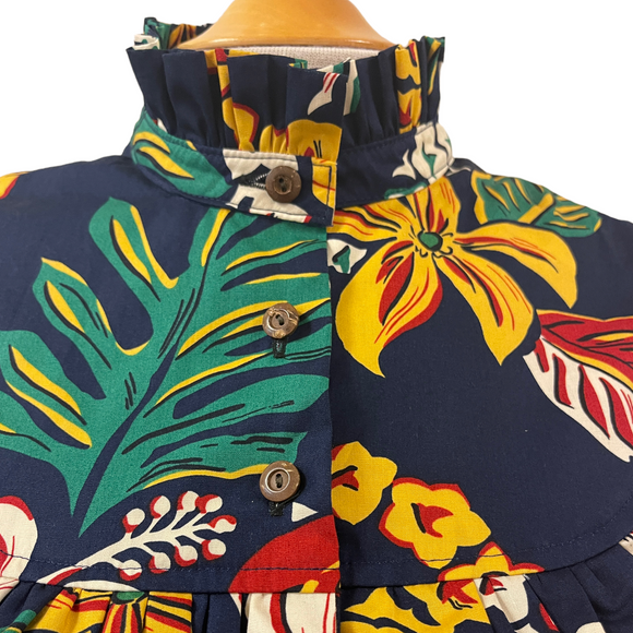 Vintage Inspired Hibiscus Print High Neck Muumuu-Dark Navy 8221