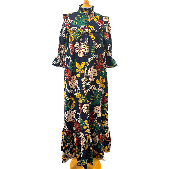 Vintage Inspired Hibiscus Print High Neck Muumuu-Dark Navy 8221