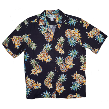 Pineapple and Orchid Vintage Inspired Rayon Hawaiian Shirt | Black - Muumuu Outlet
