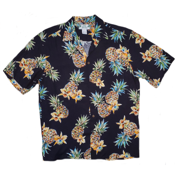 Pineapple and Orchid Vintage Inspired Rayon Hawaiian Shirt | Black - Muumuu Outlet