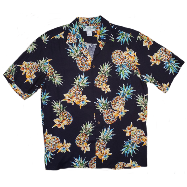 Pineapple and Orchid Vintage Inspired Rayon Hawaiian Shirt | Black - Muumuu Outlet